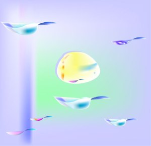 Birds flying at sunset on an alien planet